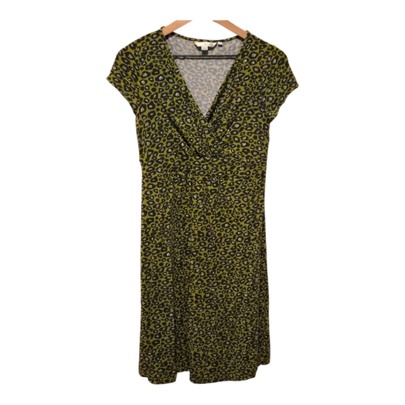 Boden Green Leopard Print Cap Sleeve V-Neck Midi Dress Size 10 Regular - Picture 1 of 6